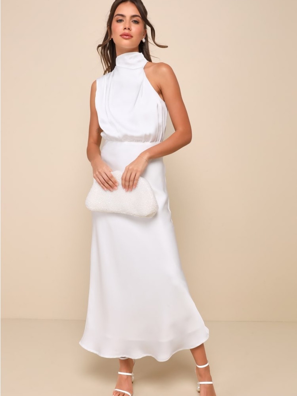 Lulus Distinctive Charm White Satin Asymmetrical Midi Dress - Medium